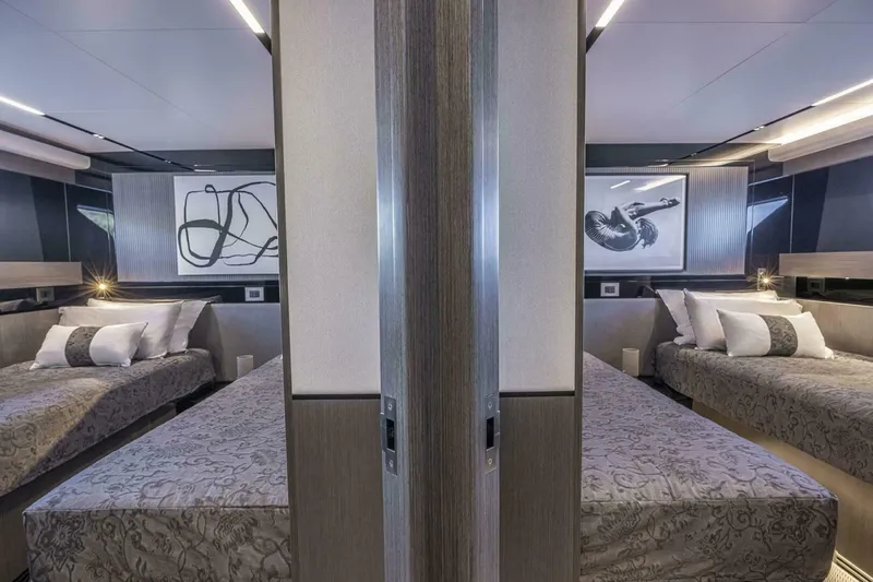 Slide: The Image of Luxurious twin bedroom interior on Pearl 82 yacht, 2026 model, featuring modern decor and elegant bedding. - 29