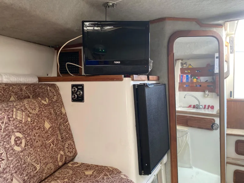 Slide: The Image of 1998 Contender 35 Express cabin interior with patterned cushions and overhead hatch. - 54