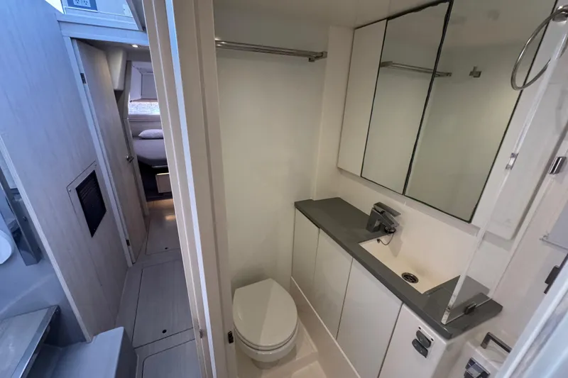 Slide: The Image of Modern bathroom interior on a 2021 Leopard 45 yacht, featuring sleek design and amenities. - 125