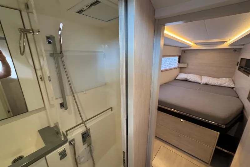 Slide: The Image of Modern Leopard 45 yacht interior with cozy bedroom and sleek bathroom, 2021 model. - 126