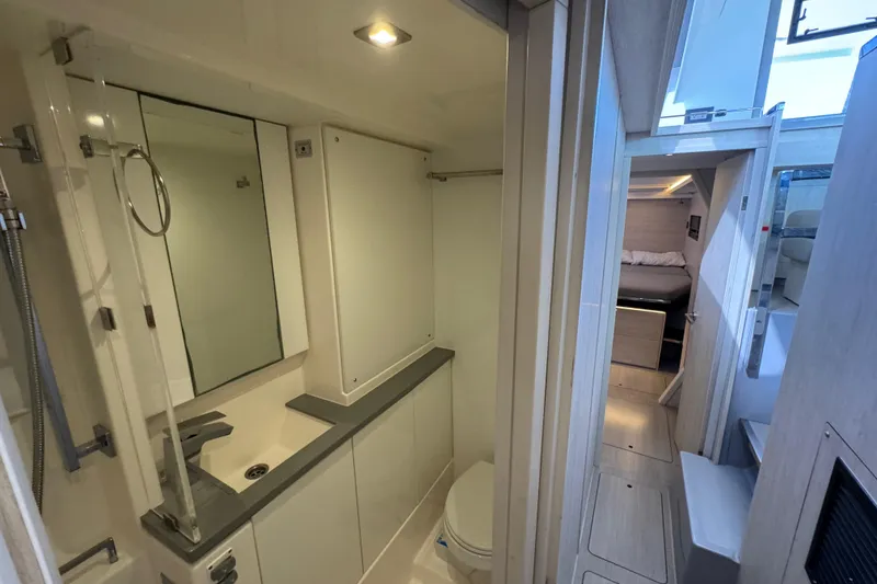 Slide: The Image of Modern bathroom and cabin interior of a 2021 Leopard 45 yacht. - 129