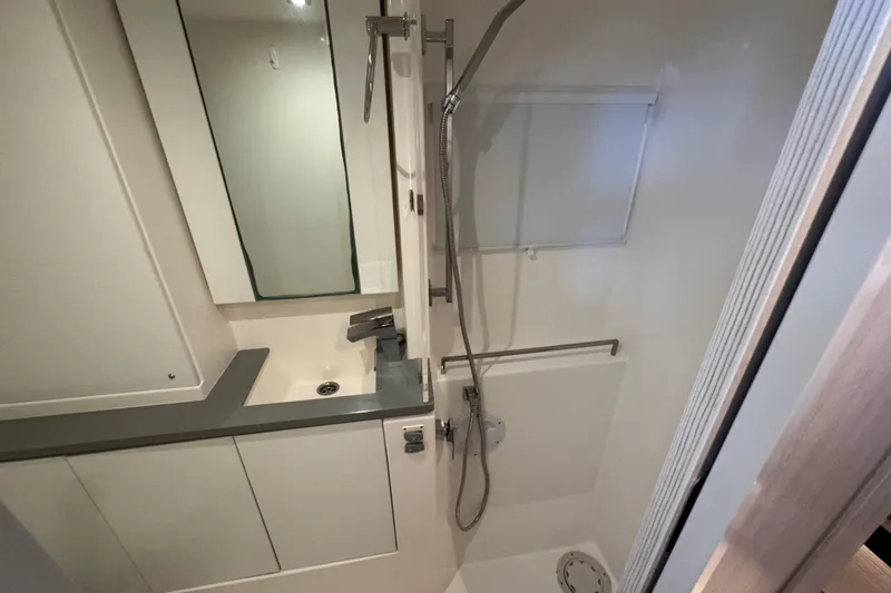 Slide: The Image of Modern bathroom interior of 2021 Leopard 45 yacht, featuring sleek fixtures and shower. - 138