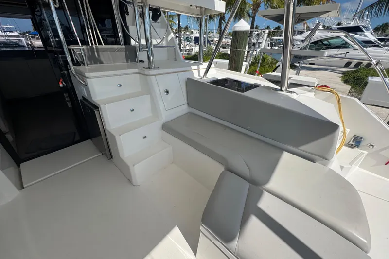 Slide: The Image of Leopard 45 yacht interior, 2021 model, featuring sleek seating and modern design. - 76