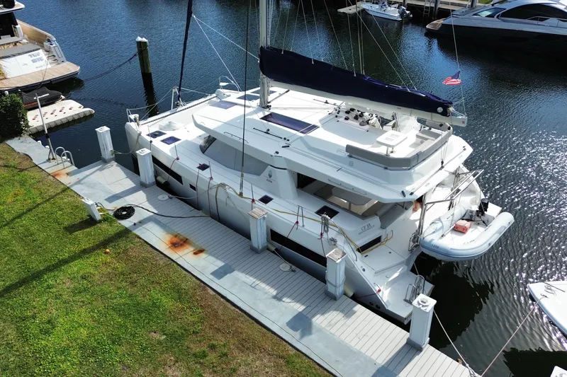 Slide: The Image of 2021 Leopard 45 catamaran docked at marina, aerial view. - 8