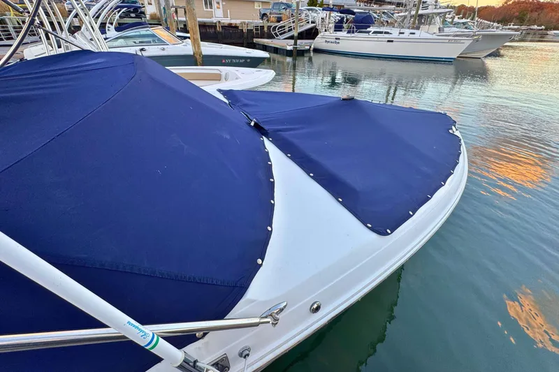Slide: The Image of 2019 Cobalt R3 boat with blue cover docked in marina. - 40