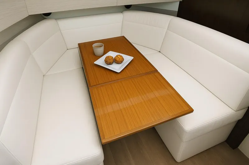 Slide: The Image of Luxurious white seating area with wooden table on 2021 Cruisers Yachts 42 GLS OB. - 26