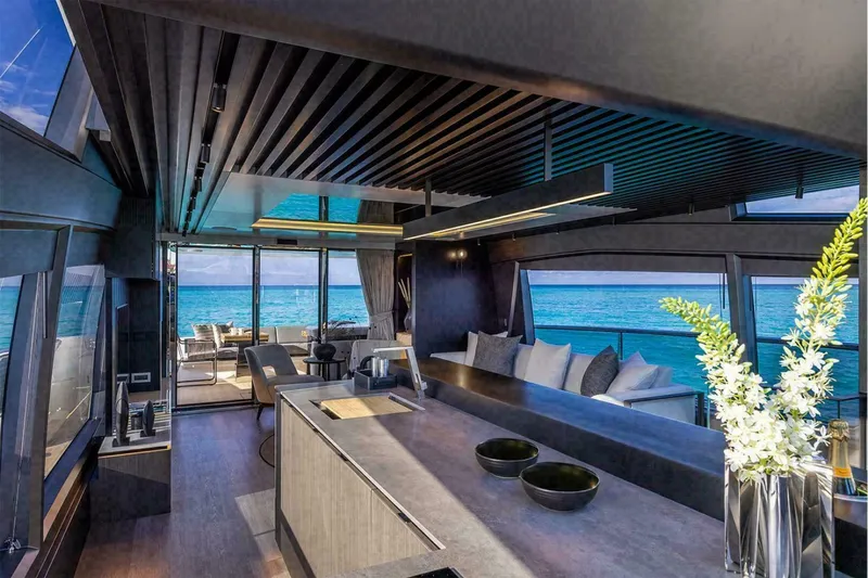 Slide: The Image of Luxurious interior of 2025 Pearl 72 yacht featuring modern bathroom and elegant living space. - 22