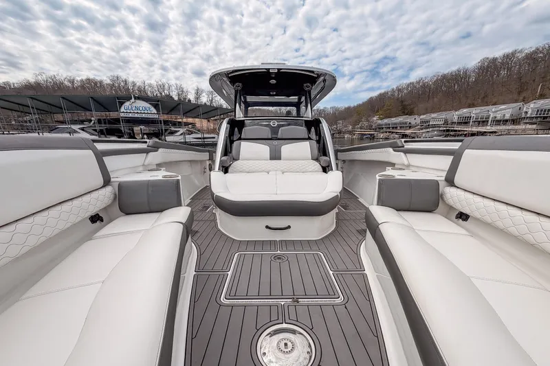 Slide: The Image of 2020 Fountain 43 NX boat interior with luxurious seating and sleek design. - 26