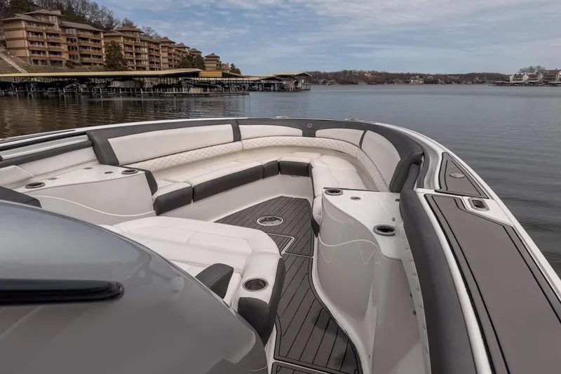 Slide: The Image of 2020 Fountain 43 NX boat with luxurious seating on a calm lake. - 32