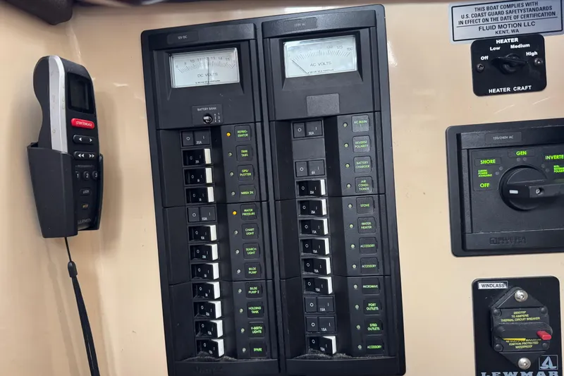 Slide: The Image of Electrical control panel on a 2016 Ranger Tugs R-27 boat. - 47