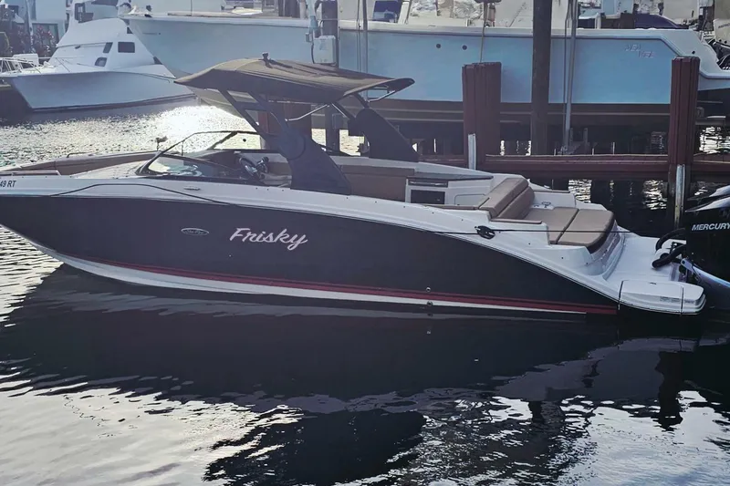 The Image of 2018 Sea Ray SDX 290 Outboard boat docked, featuring sleek design and comfortable seating. - 2