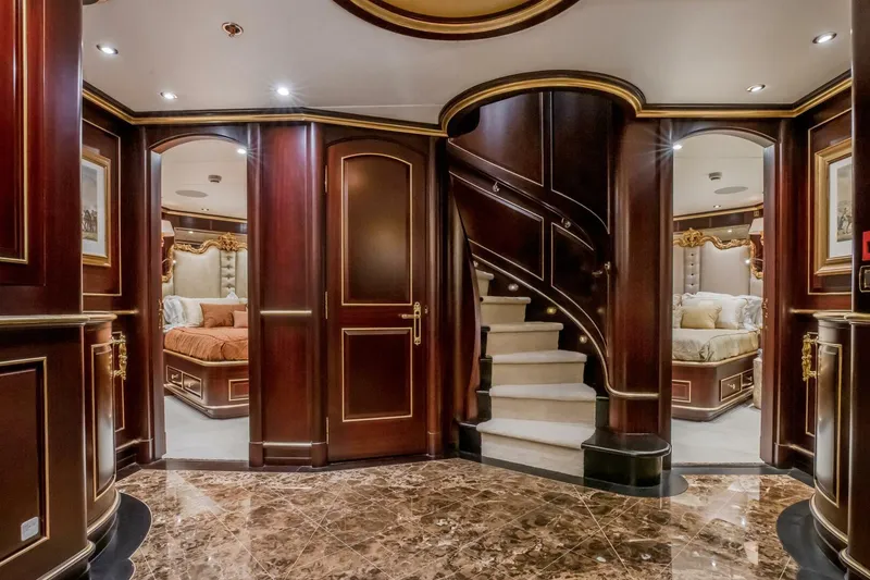 Slide: The Image of Luxurious interior of 2009 Horizon Model Tri-Deck yacht with elegant wood paneling and marble flooring. - 30