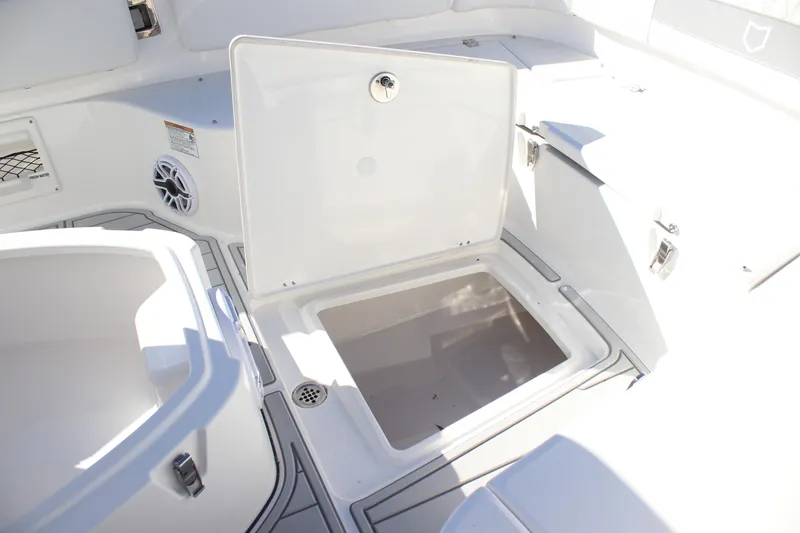 Slide: The Image of 2026 Sea Fox 282 Hybrid LT boat storage compartment with open hatch. - 18