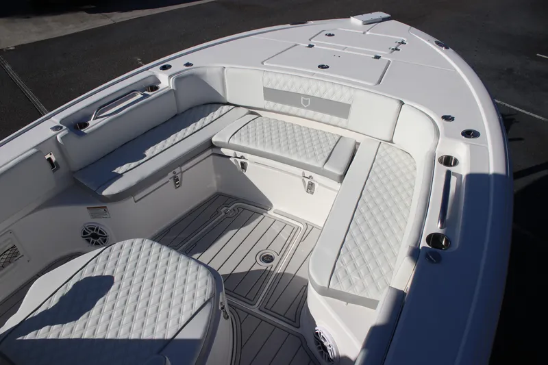 Slide: The Image of Luxurious seating area on 2026 Sea Fox 282 Hybrid LT boat, featuring quilted upholstery. - 23