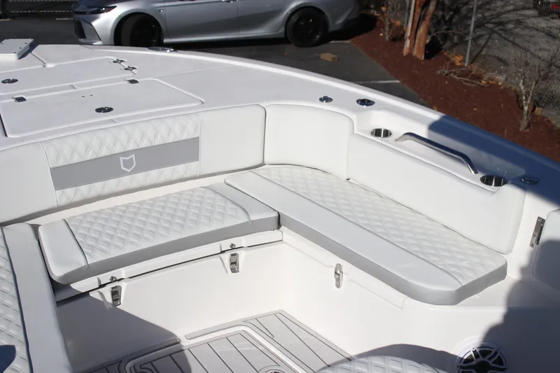 Slide: The Image of Luxurious seating on 2026 Sea Fox 282 Hybrid LT boat, featuring diamond-stitched upholstery. - 25