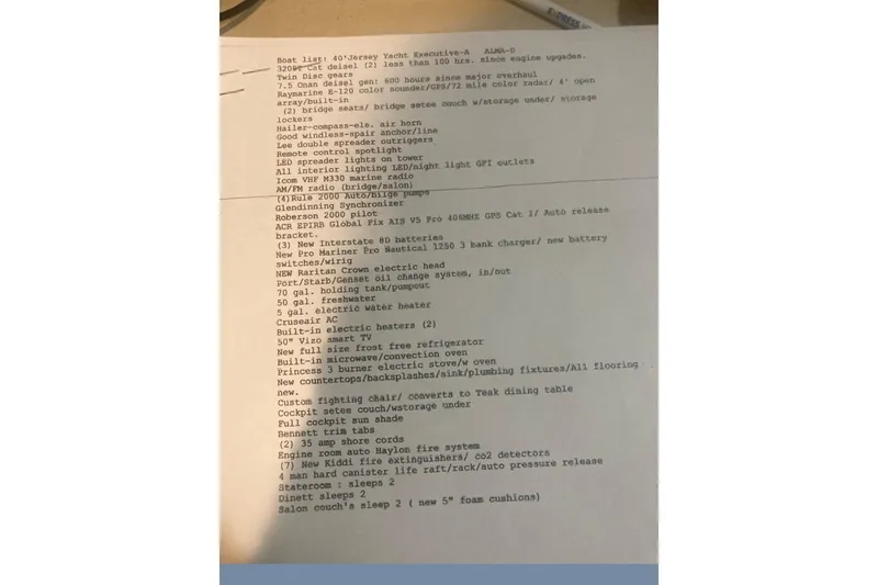 Slide: The Image of Text document listing features of a 1980 Jersey 40FT Convertible boat. - 53