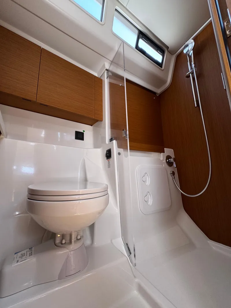 Slide: The Image of Modern bathroom in 2024 Beneteau First 44 yacht with shower and toilet. - 16