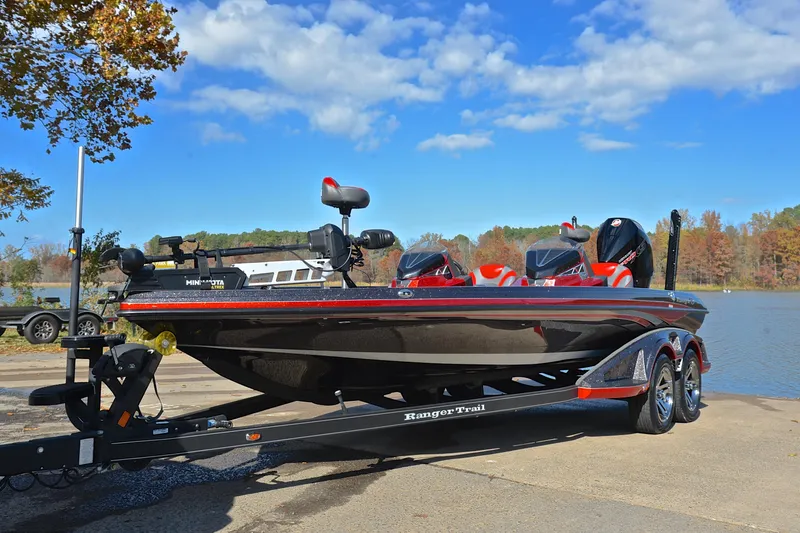 Slide: The Image of 2020 Ranger Z521L boat on trailer by a lake under a blue sky. - 10