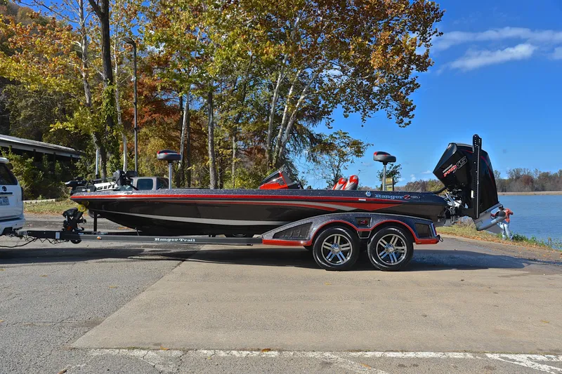 Slide: The Image of 2020 Ranger Z521L boat on trailer by lake, surrounded by autumn trees. - 11