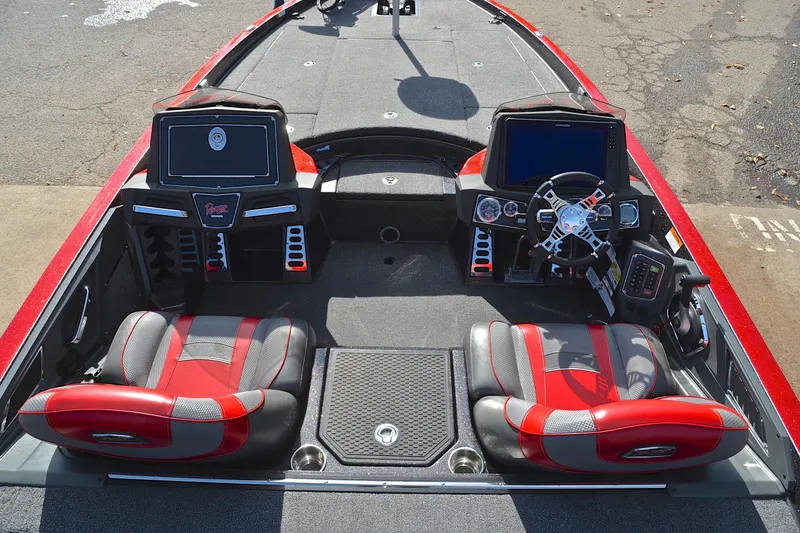 Slide: The Image of 2020 Ranger Z521L boat interior with dual seats and advanced dashboard controls. - 20