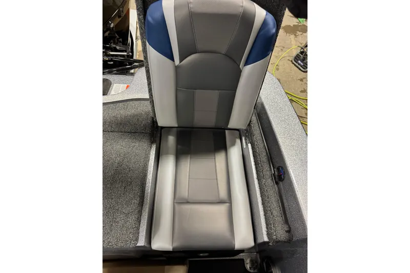Slide: The Image of 2026 Nitro ZV19 Sport Pro boat seat, gray and blue upholstery, top view. - 20