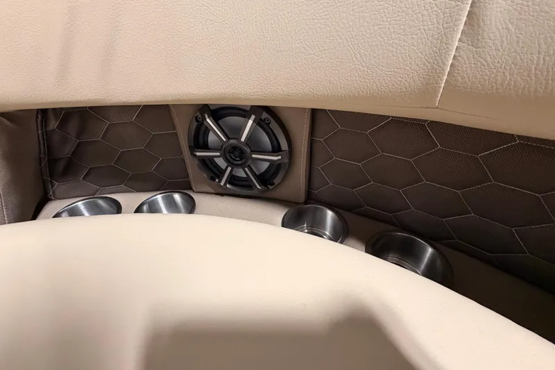 Slide: The Image of Luxurious Veranda VR 265 VL 2026 boat interior with speaker and cup holders. - 11