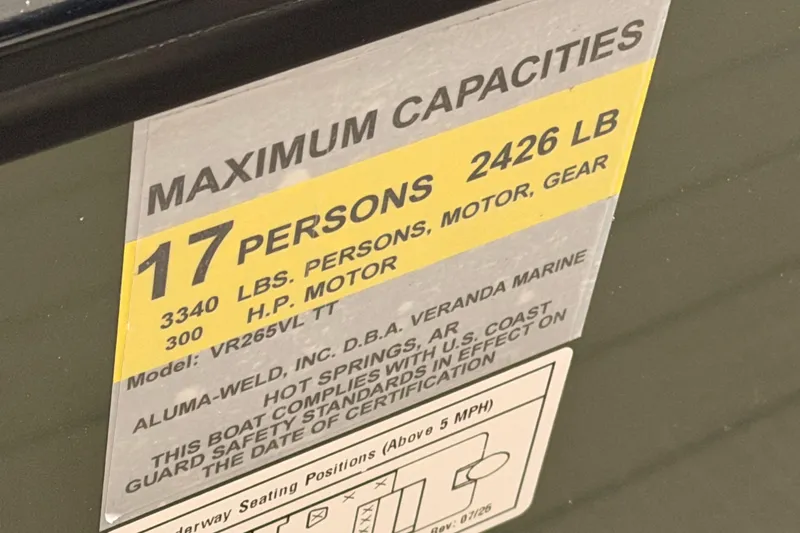 Slide: The Image of 2026 Veranda VR 265 VL capacity label: 17 persons, 2426 lbs, 300 HP motor. - 19