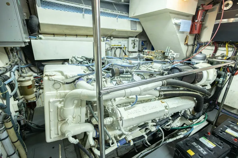 Slide: The Image of Engine room of 1989 Hatteras Custom Cockpit yacht with Detroit Diesel engine. - 66