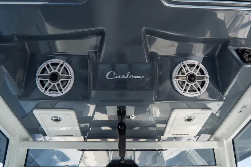 Slide: The Image of 2023 Tidewater 380 CC Adventure boat ceiling with custom speakers and storage compartments. - 55
