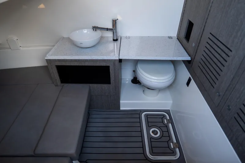Slide: The Image of 2023 Tidewater 380 CC Adventure boat interior with sink, toilet, and storage. - 58