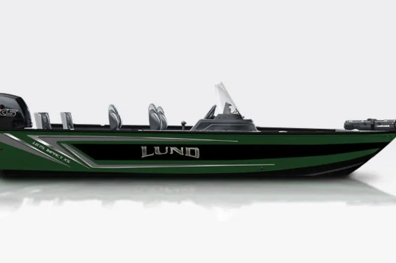 The Image of 2026 Lund 1875 Impact XS Sport boat, side view, green and black design. - 1