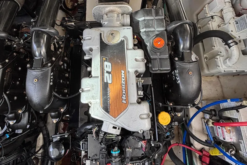 Slide: The Image of Engine compartment of a 2010 Sea Ray 370 Sundancer with MerCruiser 8.2 Horizon engine. - 44