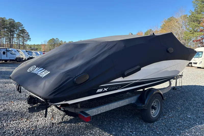 Slide: The Image of 2018 Yamaha SX190 boat covered on trailer in outdoor storage area. - 5