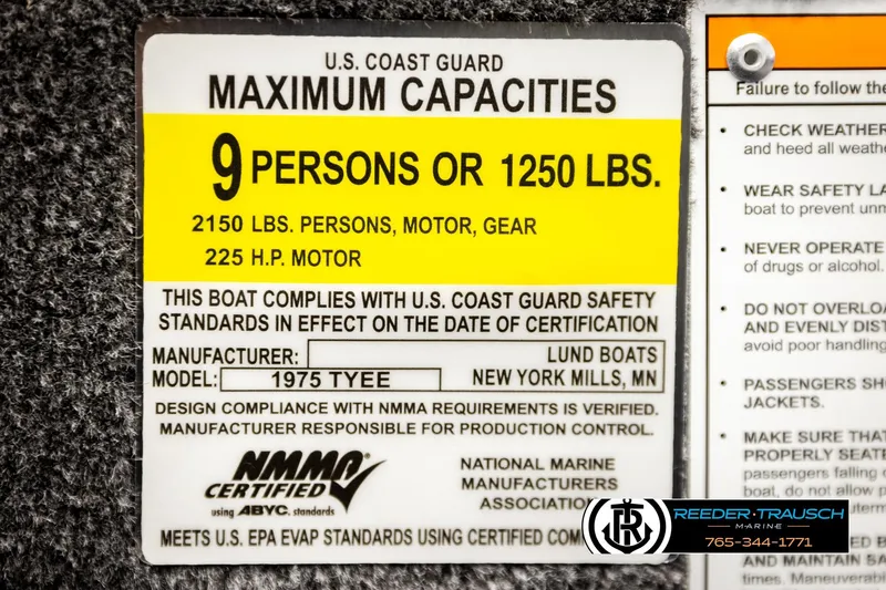 Slide: The Image of Capacity label for Lund 1975 Tyee boat, 9 persons or 1250 lbs, 225 HP motor. - 61