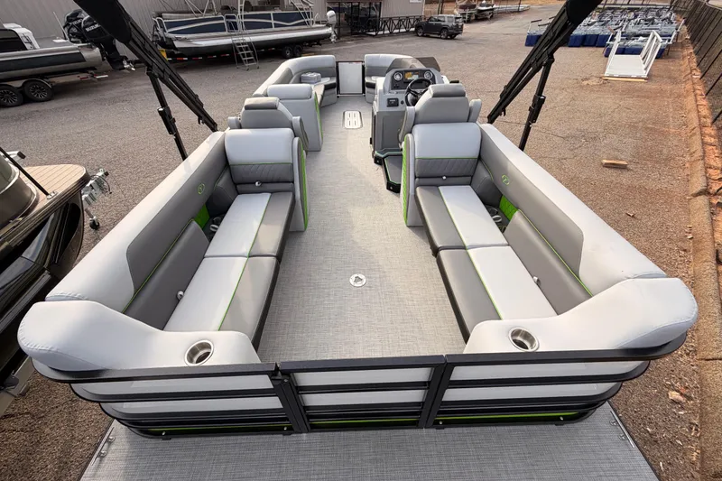 Slide: The Image of 2026 Veranda Vista Sport VS25RC pontoon boat with spacious seating and modern design. - 7