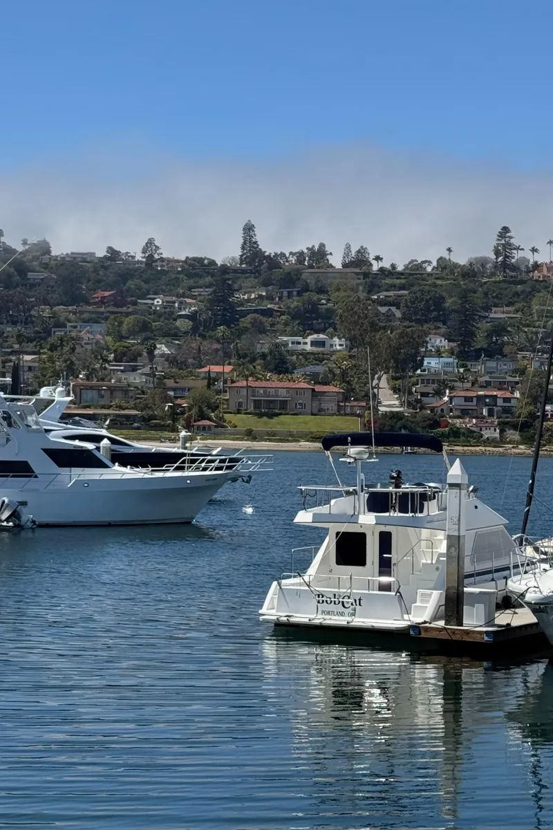 Slide: The Image of 2001 Zeta Flybridge Power Catamaran docked in scenic marina with hillside backdrop. - 5