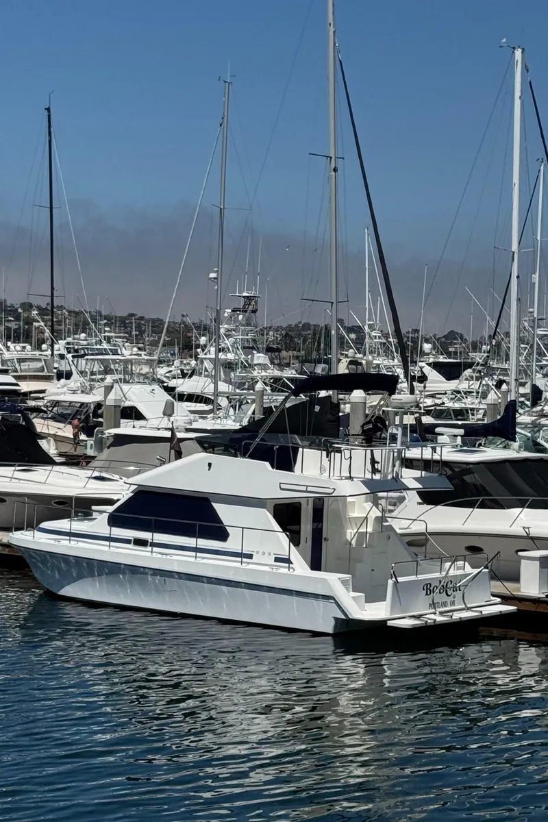 Slide: The Image of 2001 Zeta Flybridge Power Catamaran docked in a marina with other boats. - 8