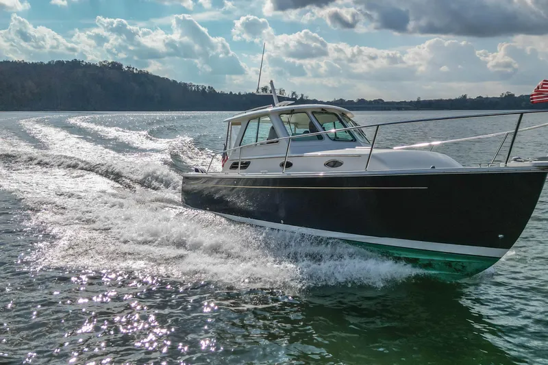 Slide: The Image of 2008 Back Cove 29 boat cruising on a sunny day with scenic water backdrop. - 11