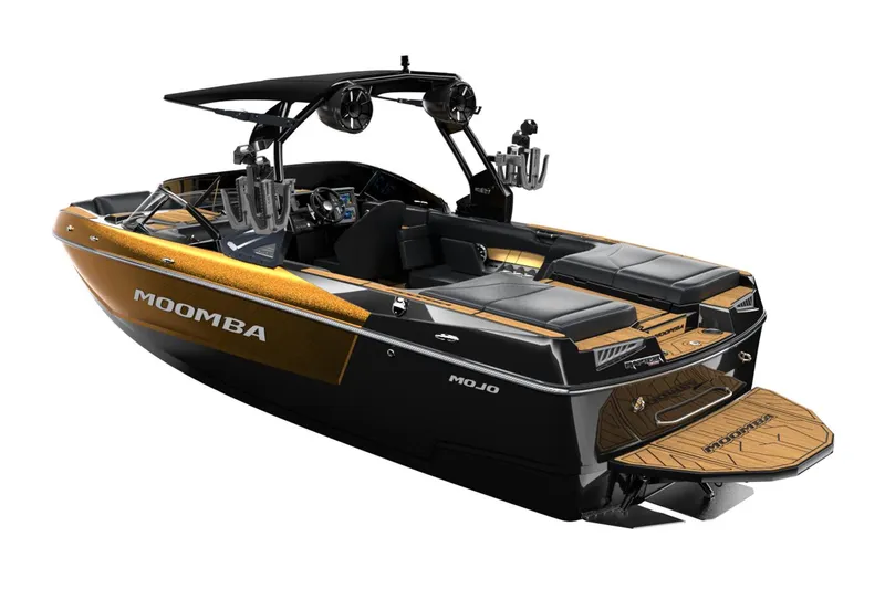 Slide: The Image of Manufacturer Provided Image: 2026 Moomba Mojo boat with sleek design, black and gold finish, and advanced features. - 10