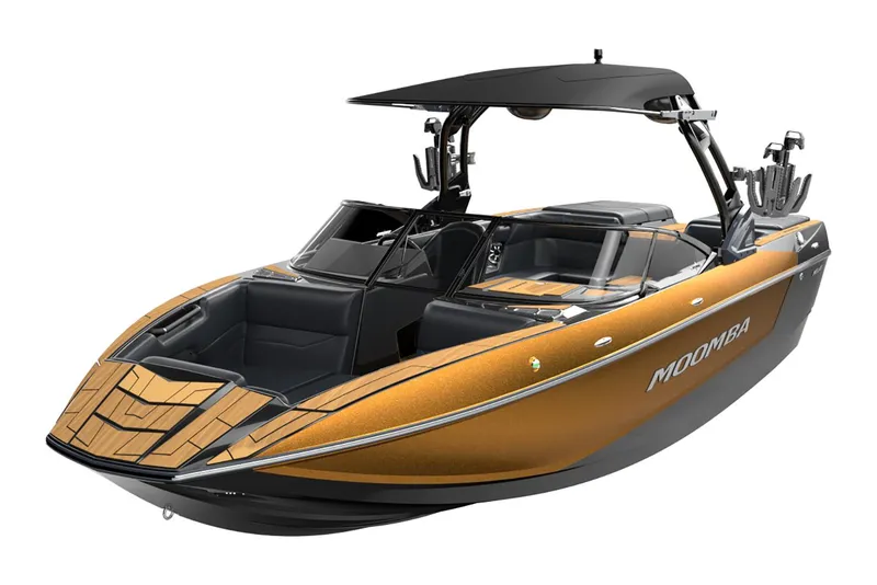 Slide: The Image of Manufacturer Provided Image: 2026 Moomba Mojo boat, sleek design, orange and black color, modern wakeboard tower. - 9