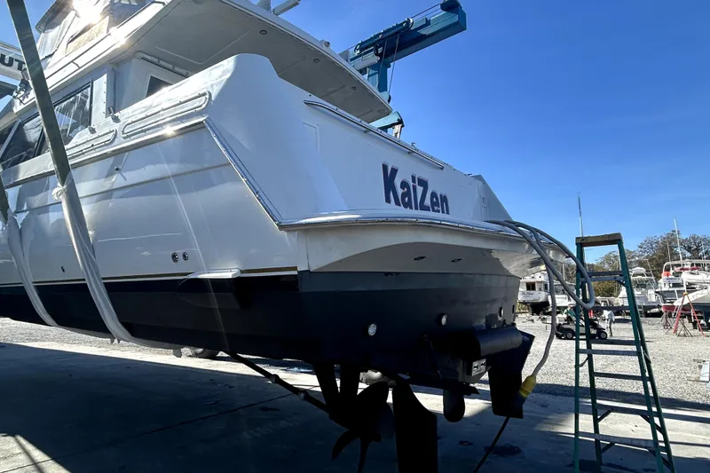 Slide: The Image of 1999 Navigator 5300 yacht "KaiZen" in dry dock, undergoing maintenance. - 106