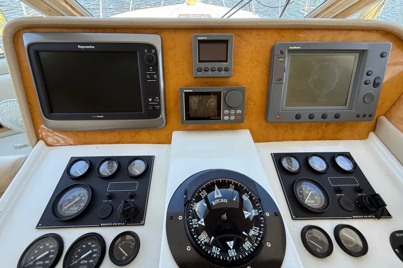 Slide: The Image of Control panel of a 1999 Navigator 5300 yacht with navigation instruments and gauges. - 28