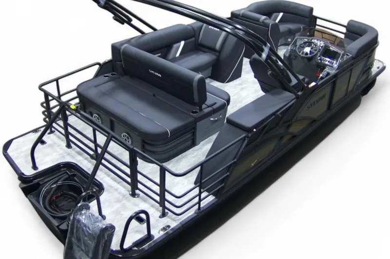 Slide: The Image of 2026 Sylvan Mirage X X3 CLZ pontoon boat with sleek black seating and modern design. - 4