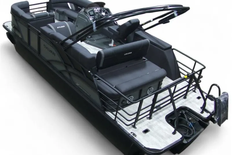 Slide: The Image of 2026 Sylvan Mirage X X3 CLZ pontoon boat with sleek black design and modern seating. - 5