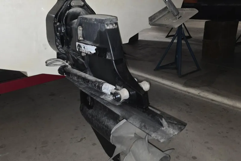 Slide: The Image of 2017 Sea Ray SLX 280 boat engine detail in a garage setting. - 8