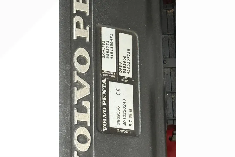 Slide: The Image of Close-up of Volvo Penta engine label on 2007 South Bay 925CR TT I/O boat. - 22