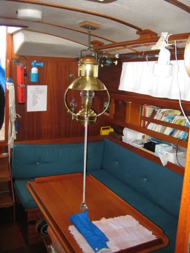 Slide: The Image of Interior of a 1974 Hallberg-Rassy Rasmus 35 yacht with wooden furnishings. - 11