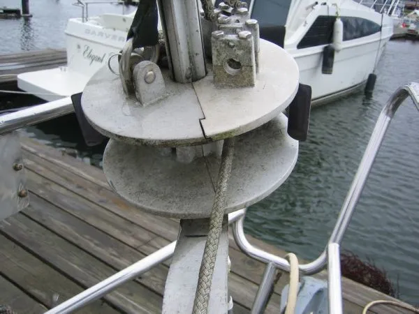 Slide: The Image of Close-up of a sailboat rigging system, Hallberg-Rassy Rasmus 35, 1974 model. - 35