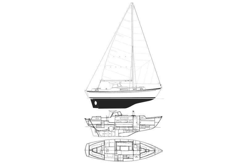 Slide: The Image of Blueprint of 1974 Hallberg-Rassy Rasmus 35 sailboat, showcasing side and interior views. - 78