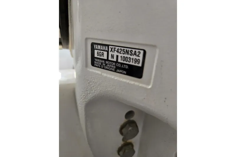 Slide: The Image of Yamaha motor label on 2020 Regulator 41 boat, model XF425NSA2, made in Japan. - 41